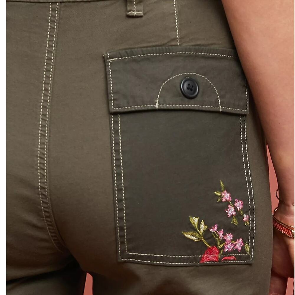 Anthropologie Floral Embroidered Utility Pants Size 30 Olive Green Cotton Linen - Picture 3 of 16